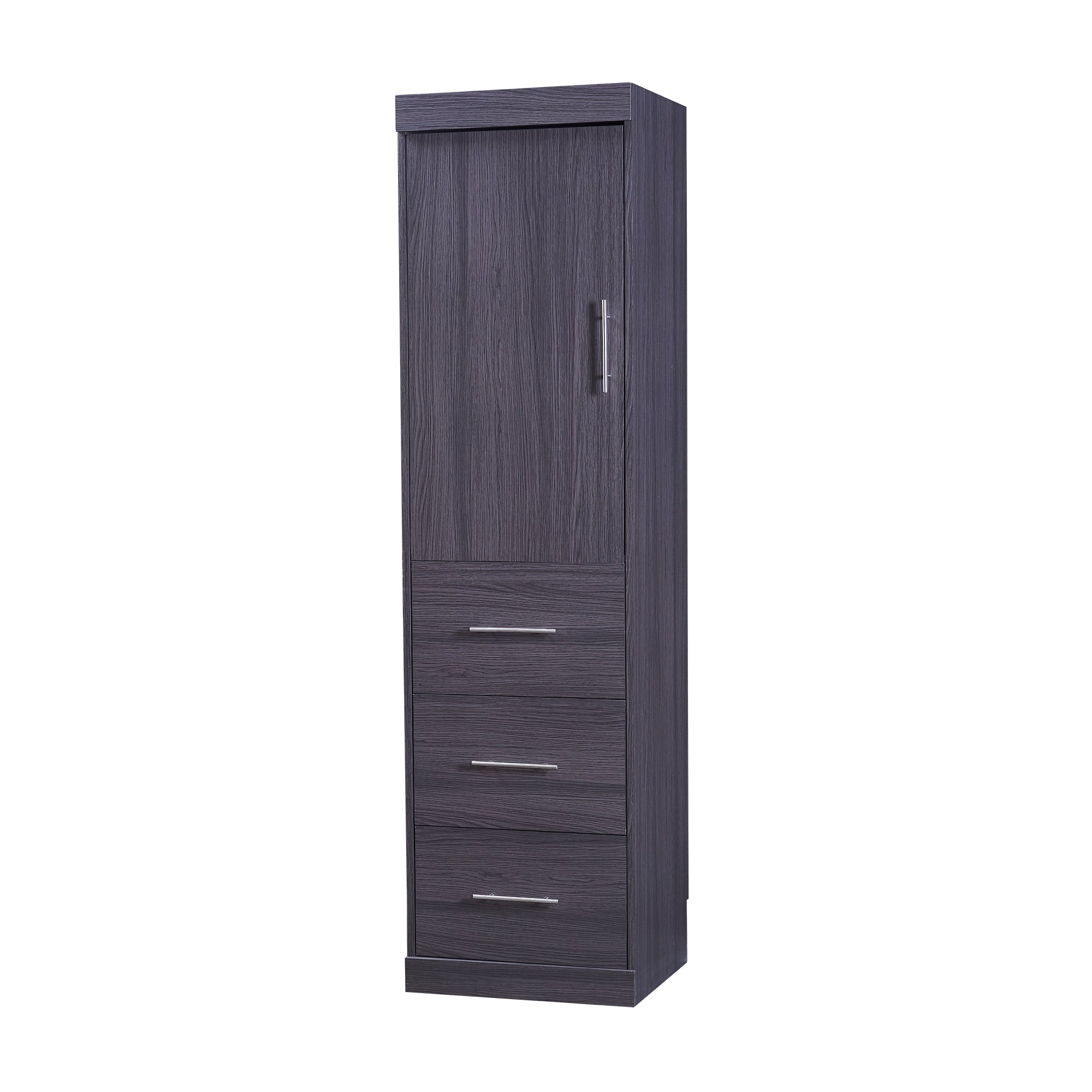HighPeak Foldable Cabinet Bed in sleek gray with built-in wardrobe and three drawers for space-saving storage.