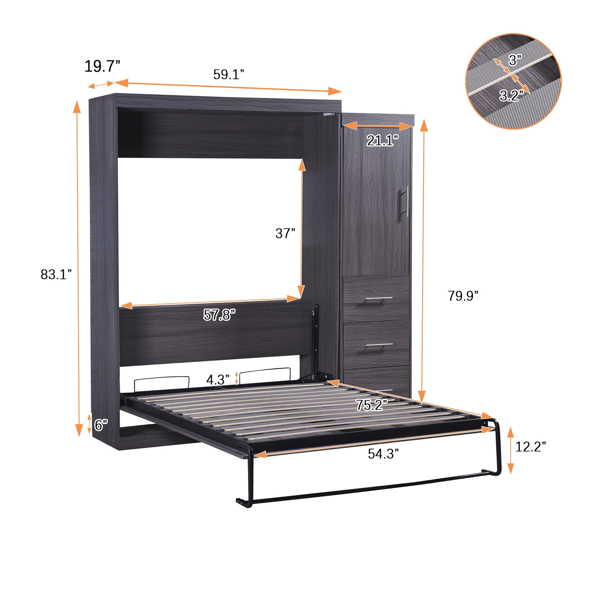 HighPeak Foldable Cabinet Bed in sleek gray finish with built-in wardrobe and drawers, space-saving full-size murphy bed setup