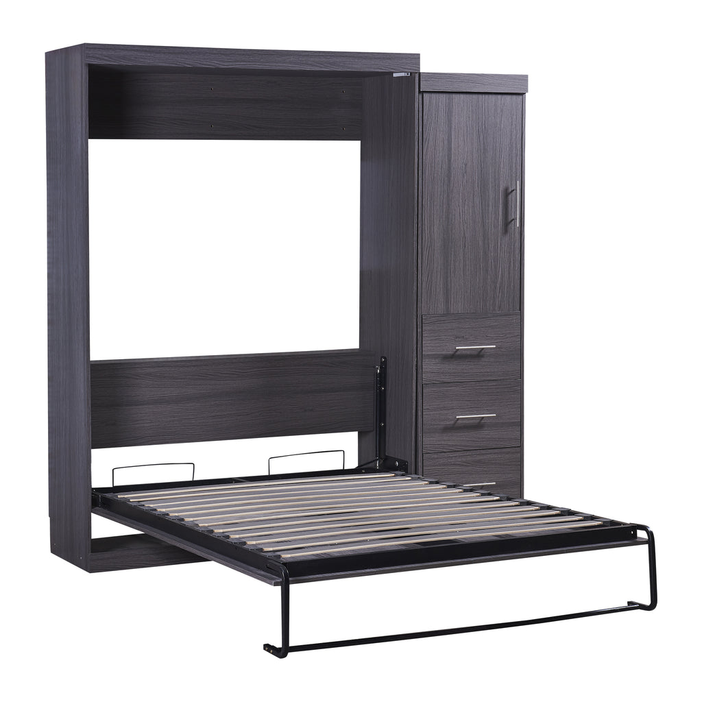 HighPeak Foldable Cabinet Bed in sleek gray with built-in wardrobe and drawers, space-saving full-size Murphy bed setup.