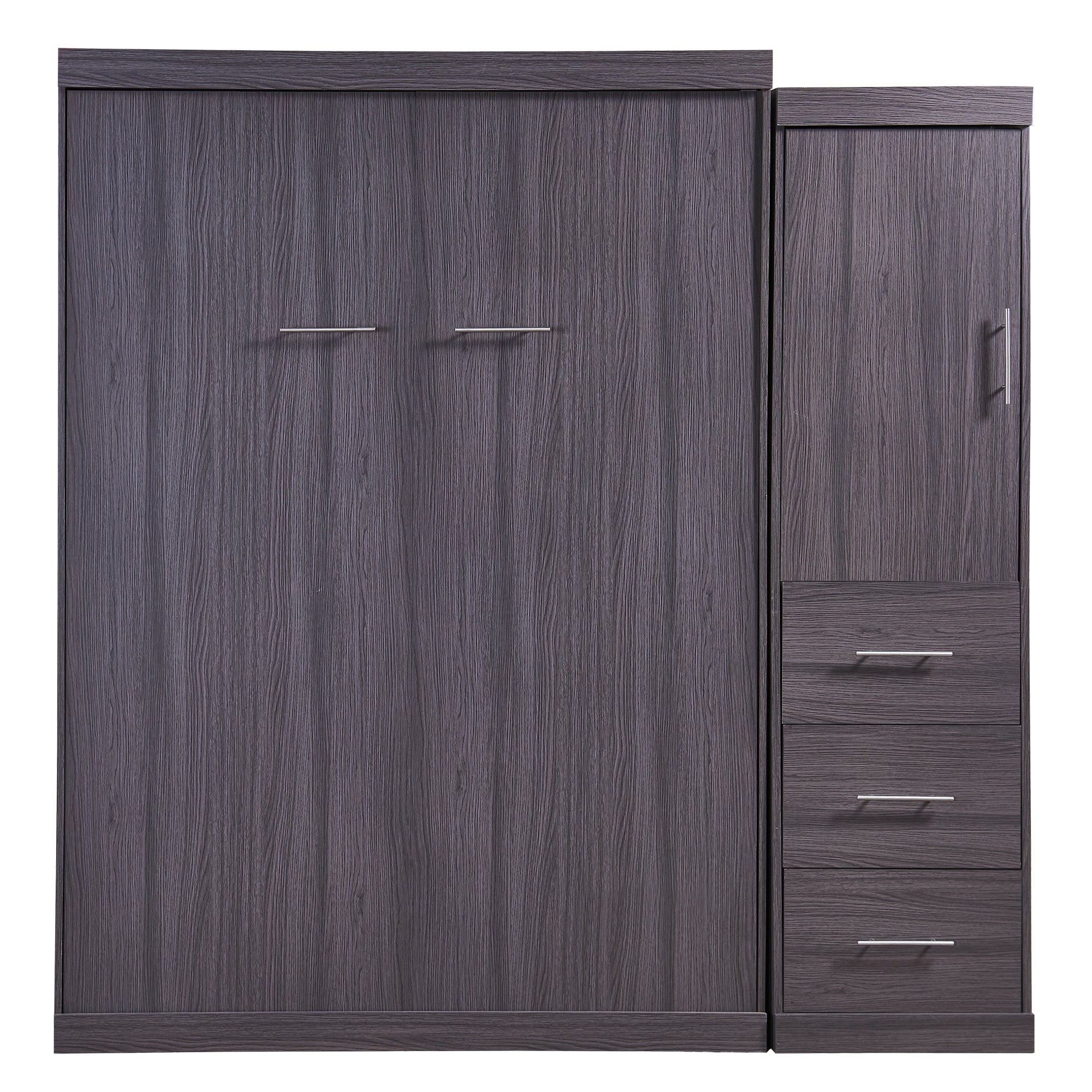 HighPeak Foldable Cabinet Bed in sleek gray wood with built-in wardrobe and drawers for space-saving small rooms.