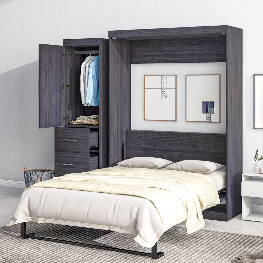 HighPeak Foldable Cabinet Bed in sleek gray with built-in wardrobe and drawers, shown open in a modern bedroom setting