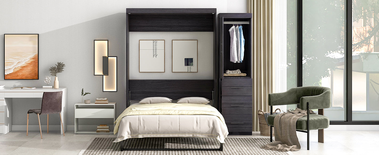 HighPeak Foldable Cabinet Bed in sleek gray with built-in wardrobe and drawers in a modern minimalist bedroom setting.