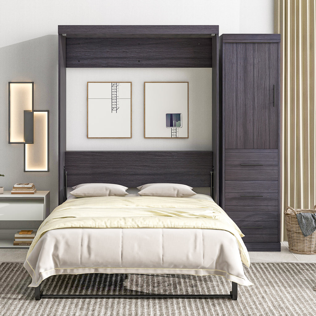 HighPeak Foldable Cabinet Bed in sleek gray with full-size bed, built-in wardrobe, and modern bedroom setup.