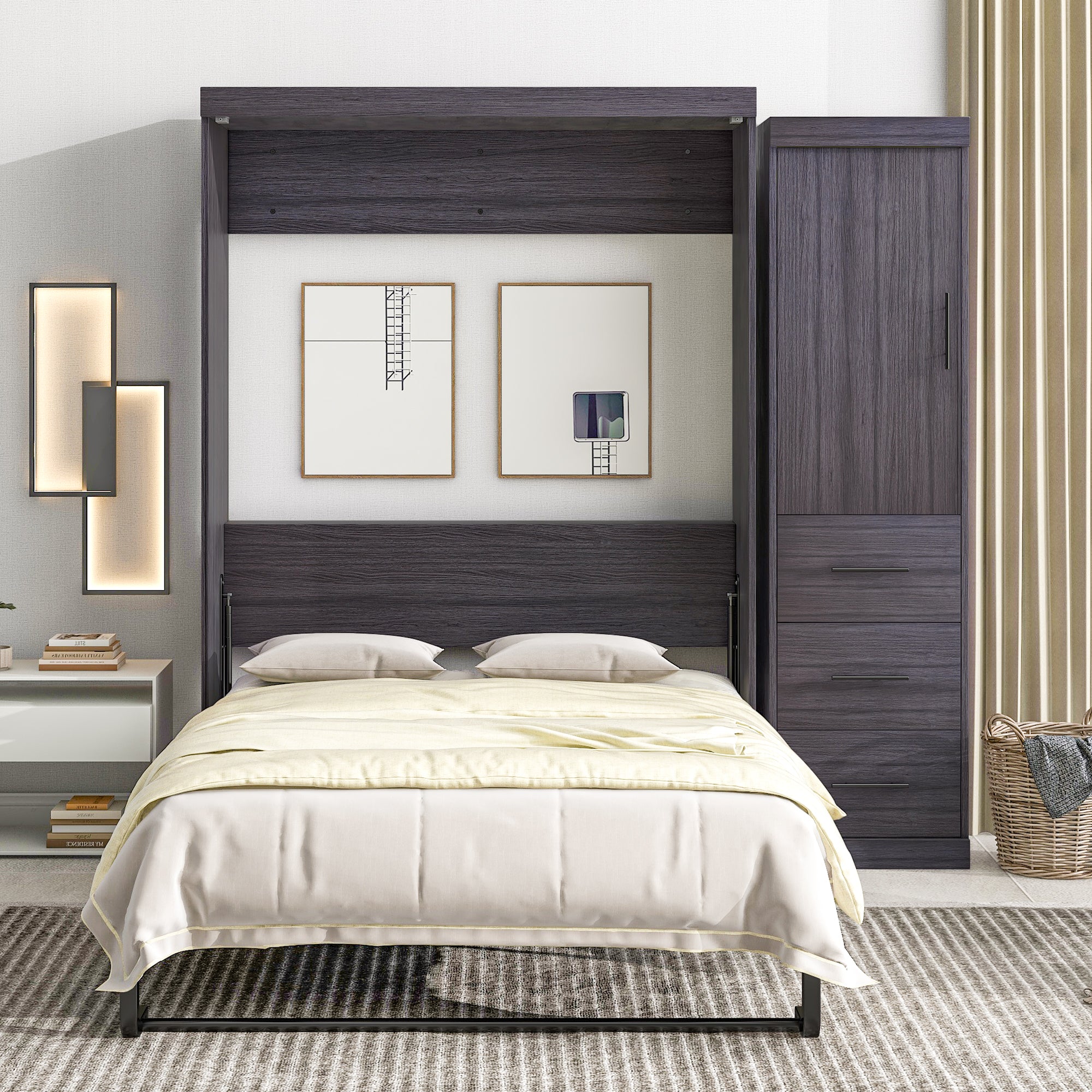 HighPeak Foldable Cabinet Bed in sleek gray with full-size bed, built-in wardrobe, and modern bedroom setup.