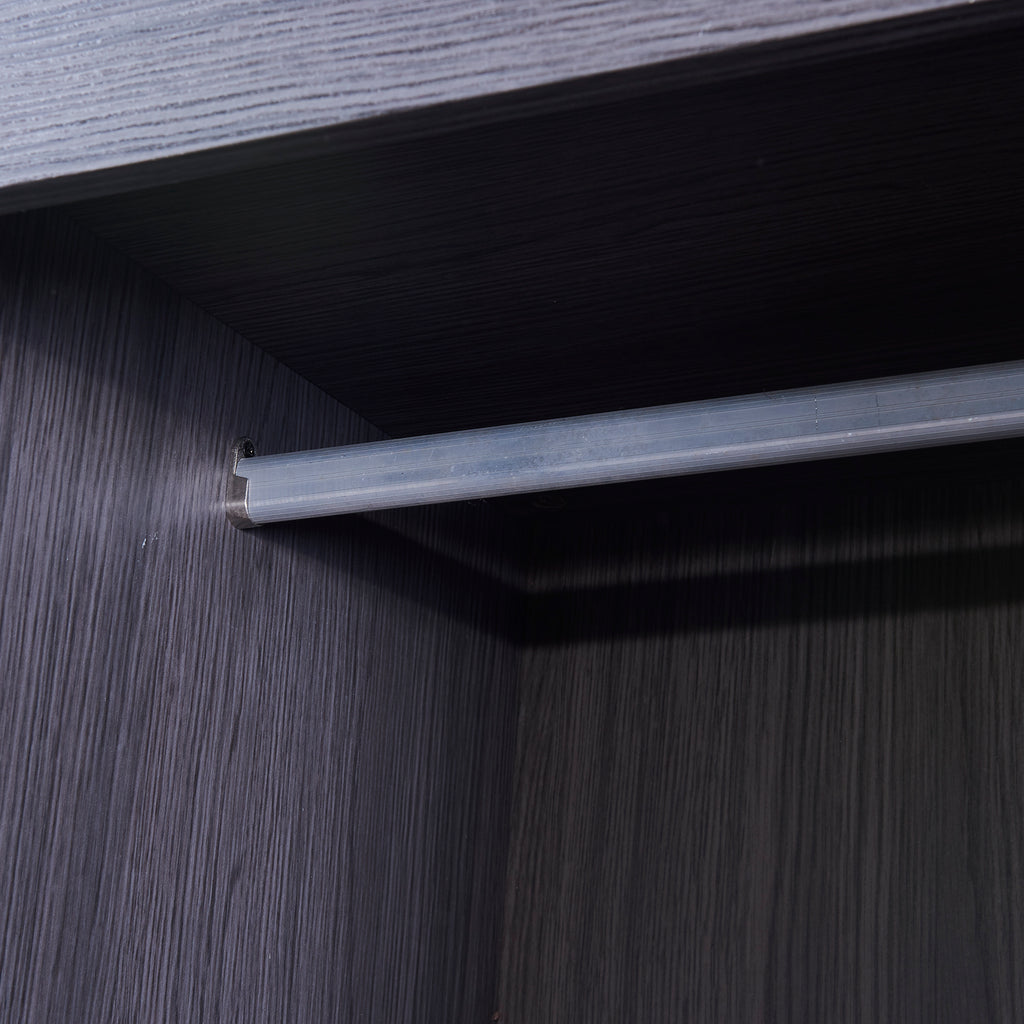 HighPeak Foldable Cabinet Bed wardrobe close-up showing sleek gray wood grain and metal hanging rod interior detail