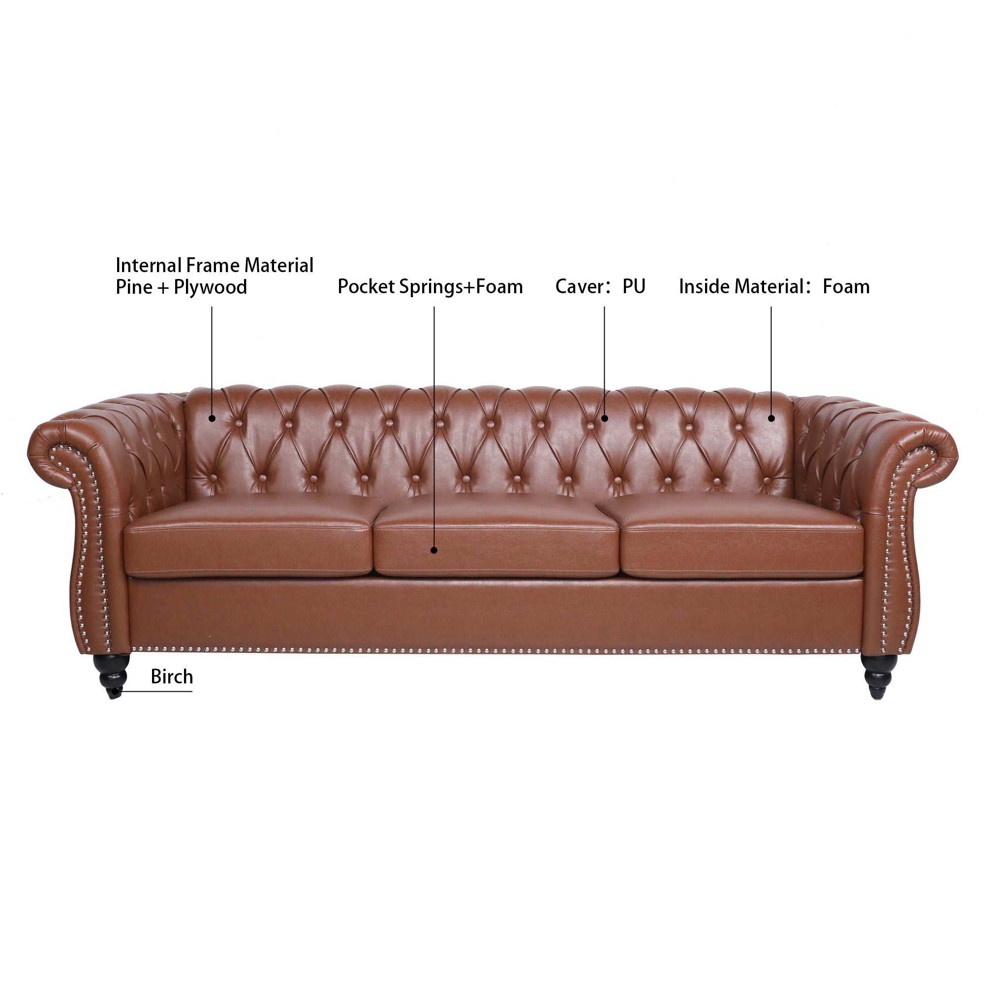 HighPeak Chesterfield Velvet Sofa in brown with tufted back, rolled arms, nailhead trim, and birch legs, elegant 3-seater design