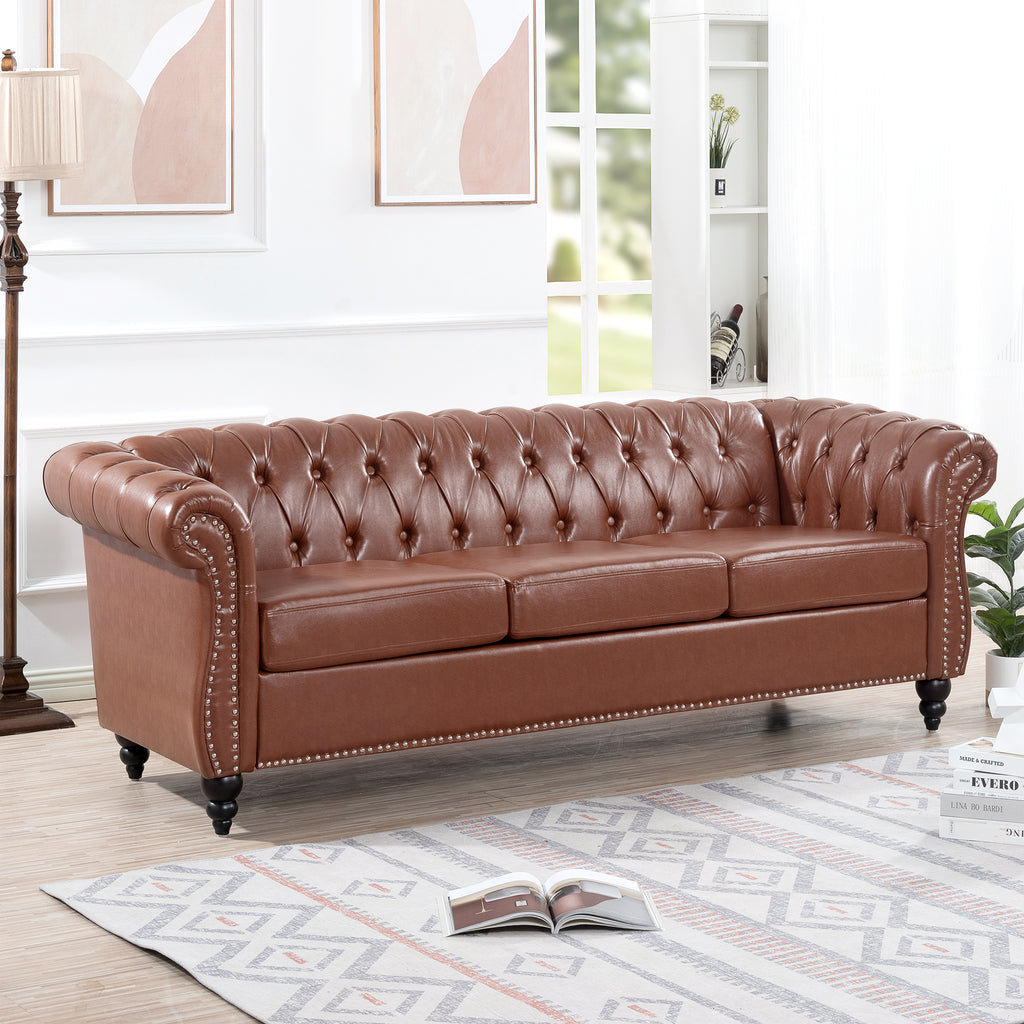 HighPeak Chesterfield Velvet Sofa in brown with tufted back, nailhead trim, and turned wood legs in bright living room