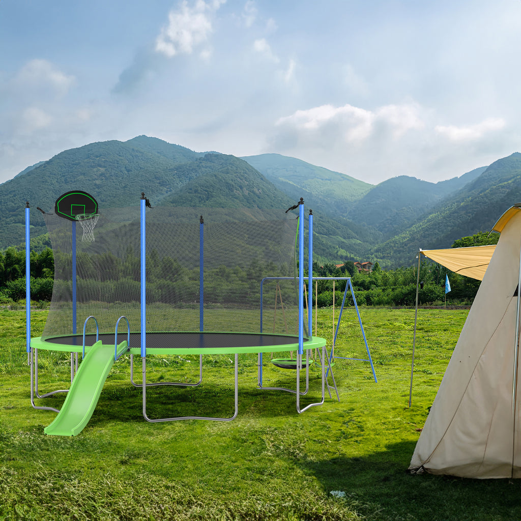 HighPeak Trampoline with Playground in green with slide, swings, basketball hoop, and safety net in a backyard setting