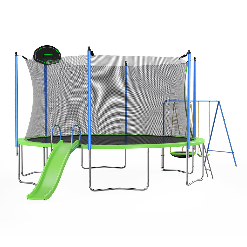 Trampoline with Playground by HighPeak in green and blue with slide, swings, basketball hoop, and safety net enclosure.