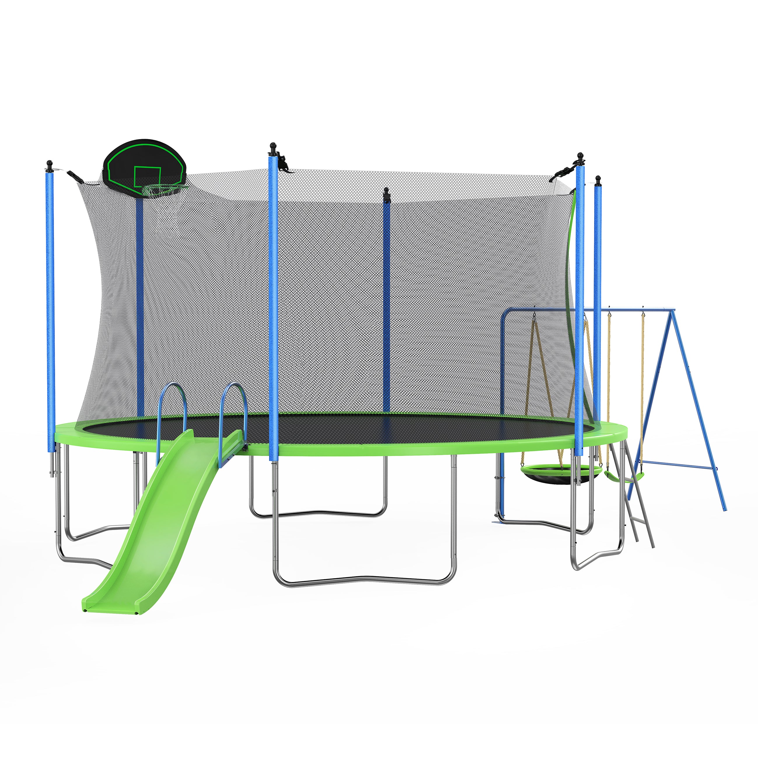Trampoline with Playground by HighPeak in green and blue with slide, swings, basketball hoop, and safety net enclosure.