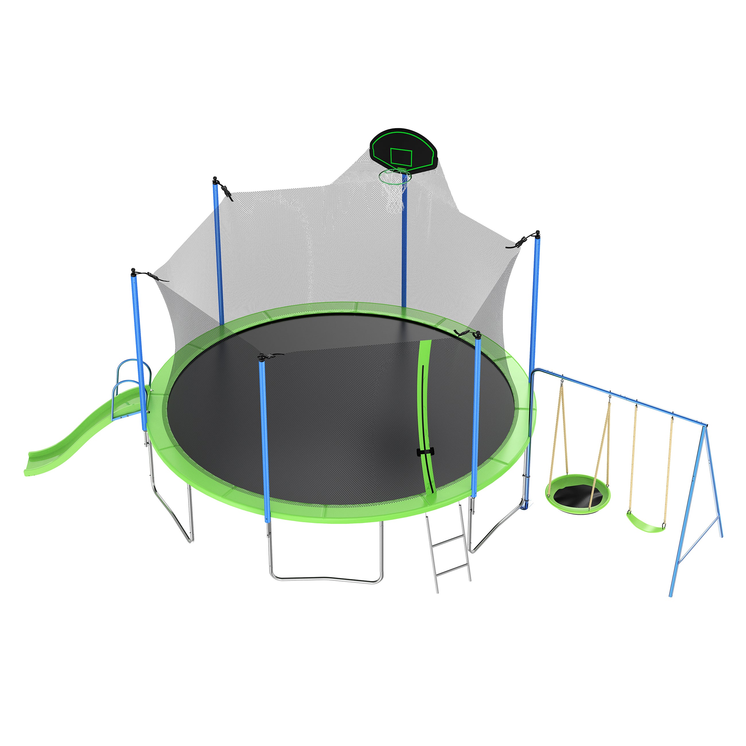 HighPeak Trampoline with Playground in green and blue features a 12FT bounce zone, slide, swings, basketball hoop, and safety net.