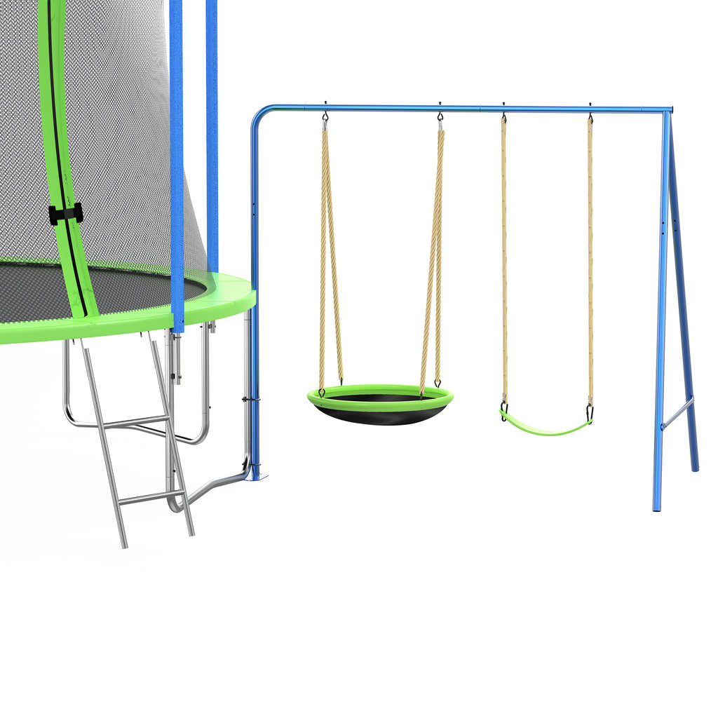 HighPeak Trampoline with Playground featuring green trampoline, blue swing frame, two swings, and safety ladder on white background