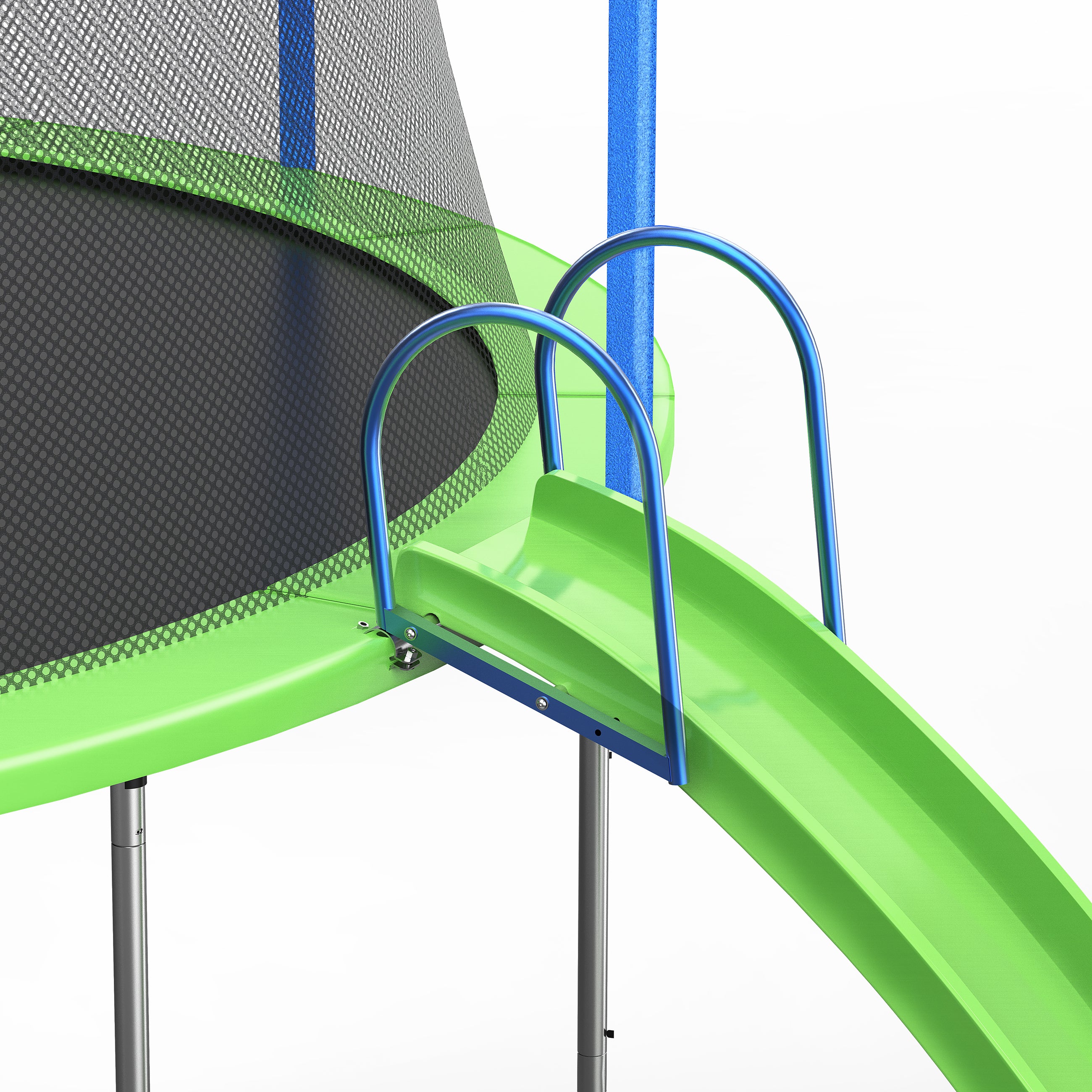 HighPeak Trampoline with Playground featuring green slide and blue ladder attached to trampoline with safety net enclosure