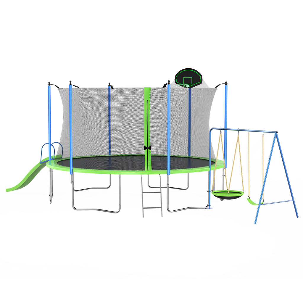 HighPeak Trampoline with Playground in green and blue with safety net, slide, swings, ladder, and basketball hoop outdoors