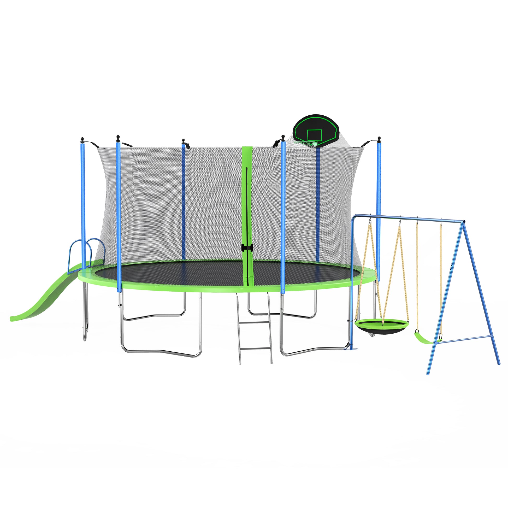HighPeak Trampoline with Playground in green and blue with safety net, slide, swings, ladder, and basketball hoop outdoors