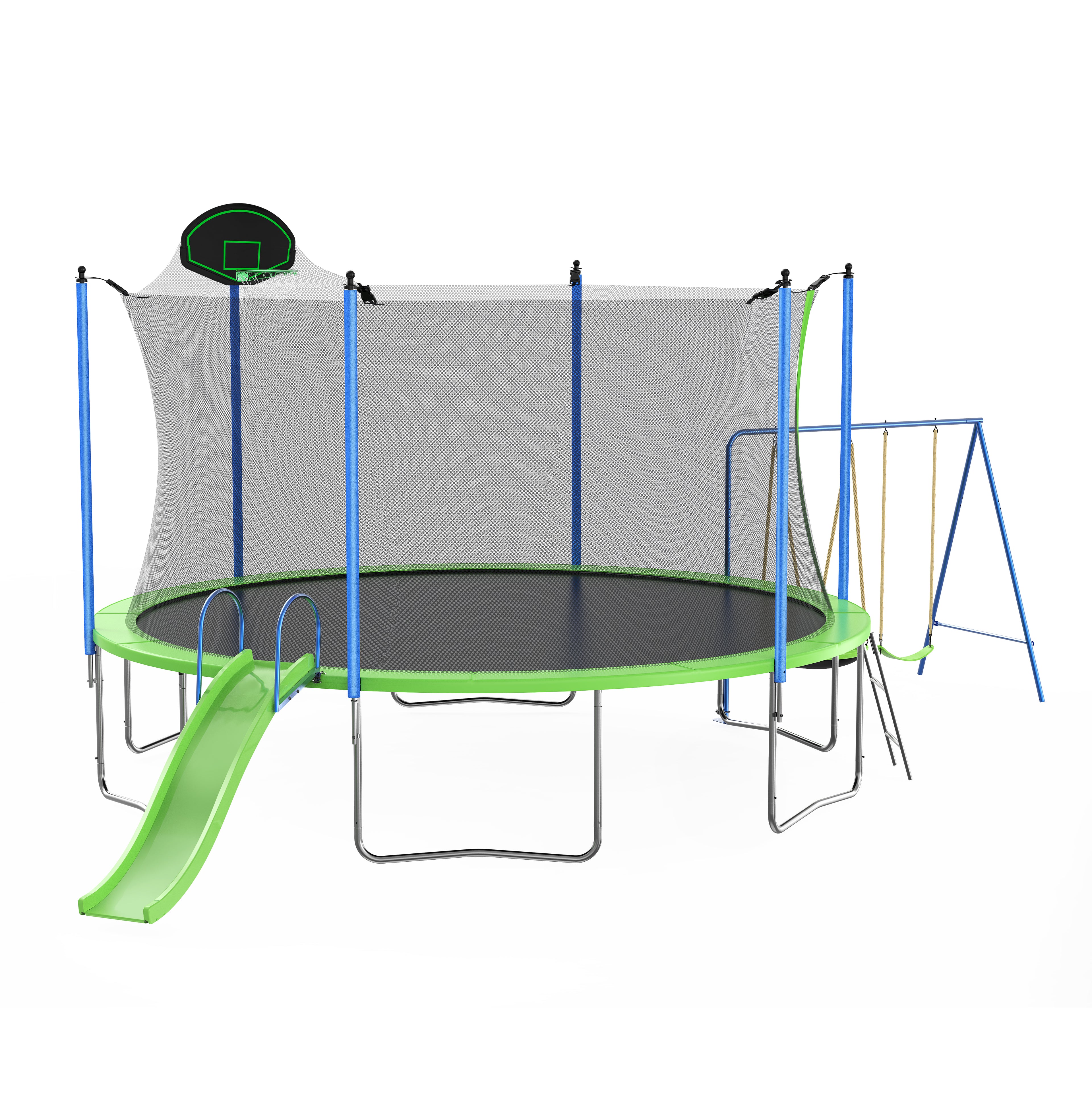 HighPeak Trampoline with Playground in green and blue with slide, swings, basketball hoop, and safety net on white background.