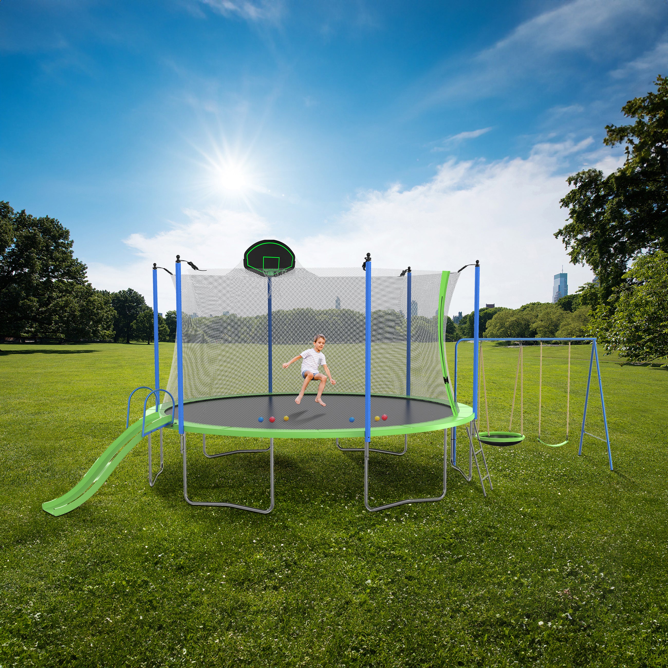 HighPeak Trampoline with Playground in green with slide, swings, basketball hoop, and safety net in sunny backyard setting