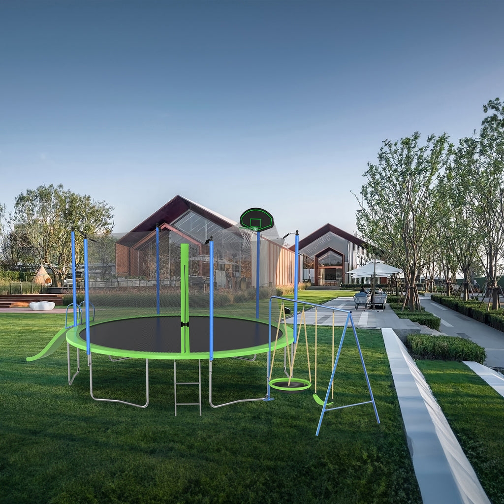 HighPeak Trampoline with Playground in green and blue with slide, swings, and basketball hoop in a backyard setting