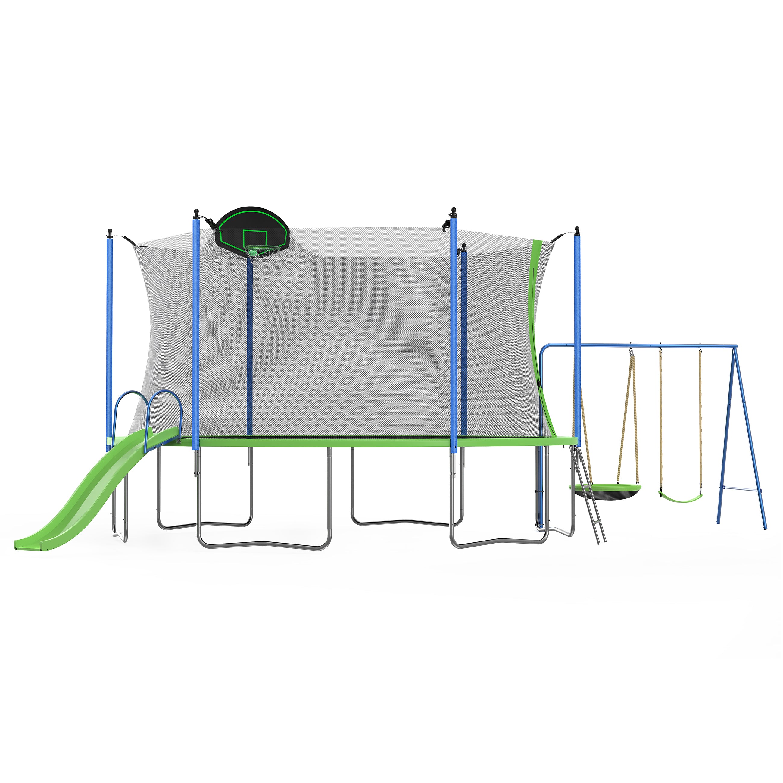 HighPeak Trampoline with Playground in green and blue featuring slide, swings, ladder, and basketball hoop for backyard fun and safety