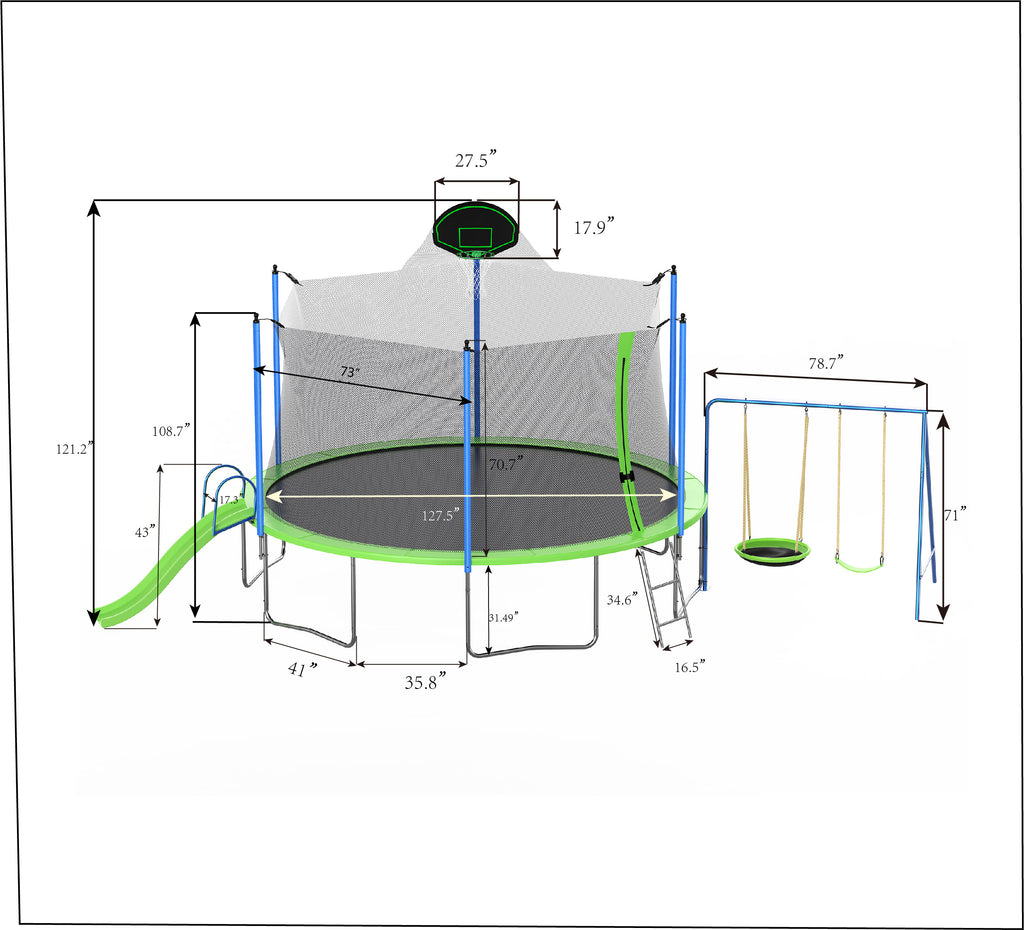 HighPeak Trampoline with Playground in green and blue featuring slide, swings, basketball hoop, ladder, and safety net enclosure.