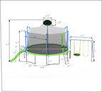 HighPeak Trampoline with Playground in green and blue featuring slide, swings, basketball hoop, ladder, and safety net enclosure.