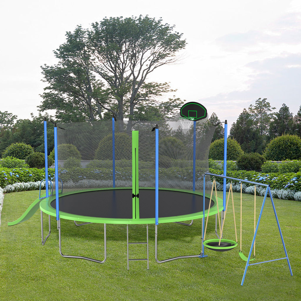 HighPeak Trampoline with Playground in green featuring slide, swings, basketball hoop, ladder, and safety net in backyard setting