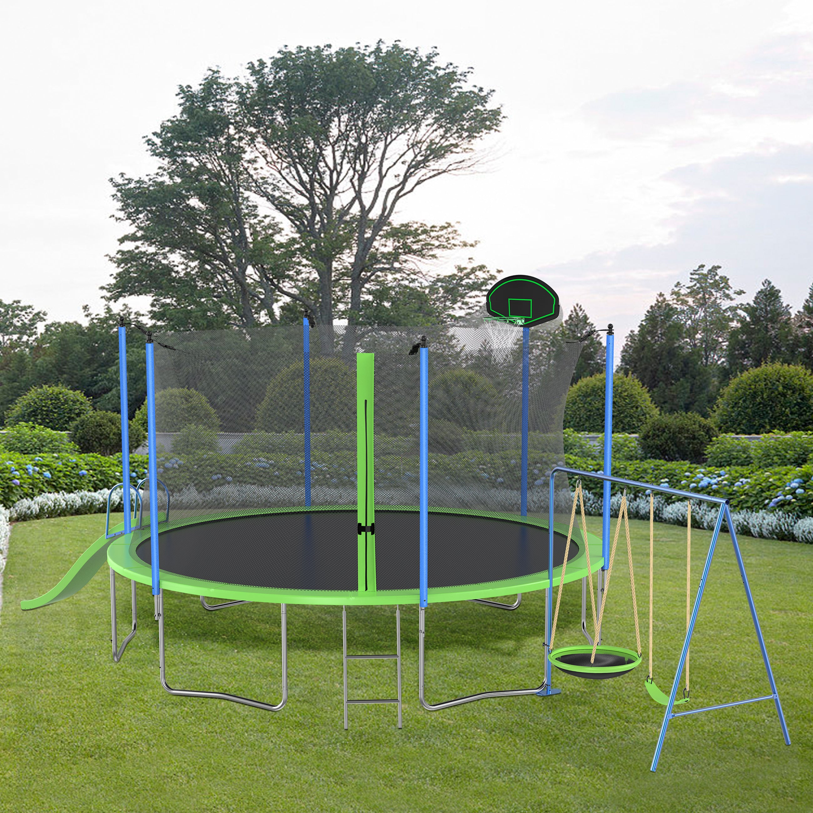 HighPeak Trampoline with Playground in green featuring slide, swings, basketball hoop, ladder, and safety net in backyard setting