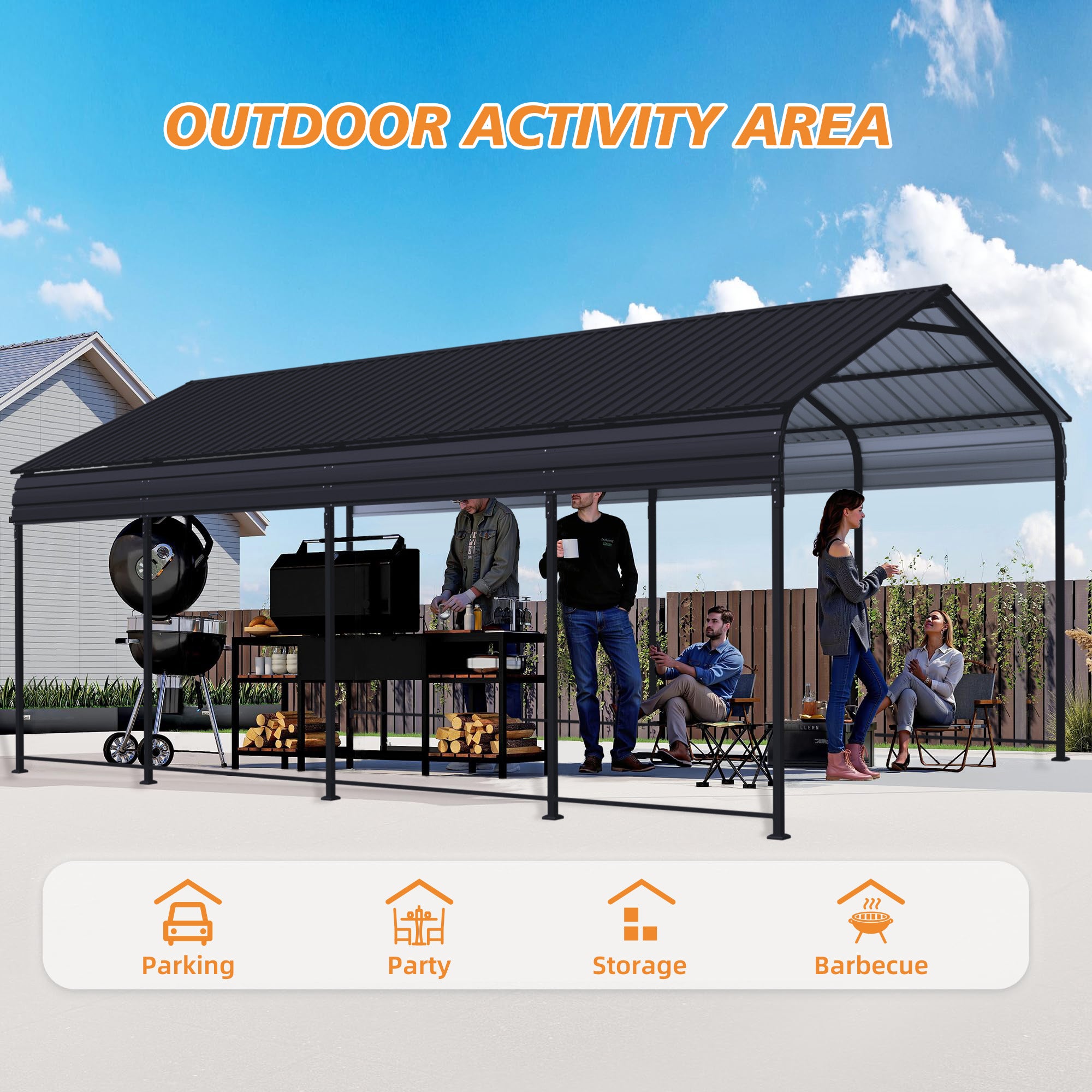 HighPeak Metal Carport in black with galvanized steel roof and open sides, used for outdoor activities and shade.
