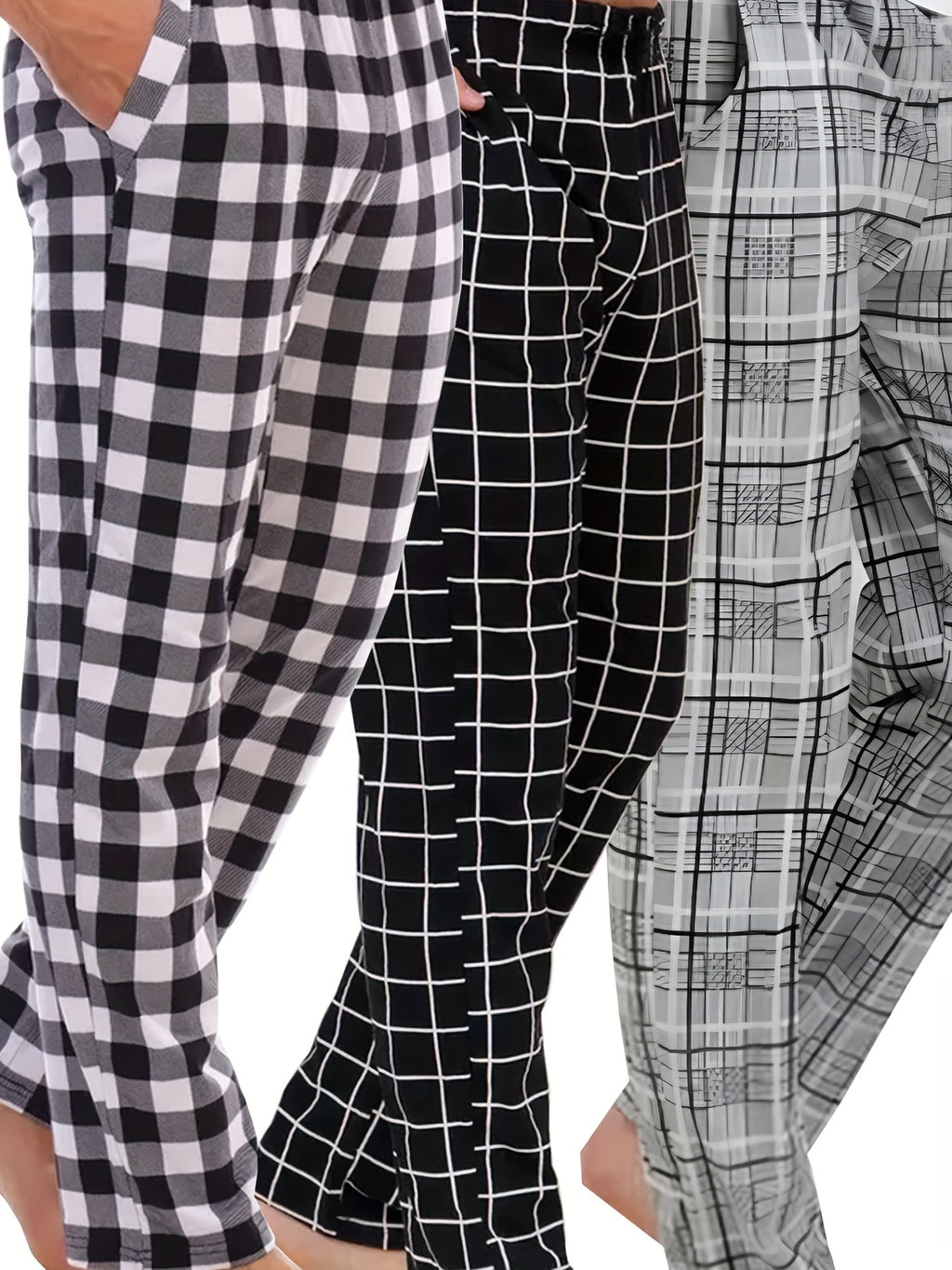 HighPeak Modern Pajama Pants (3-Pack) in black and white plaid patterns with drawstring waist and side pockets for comfort.