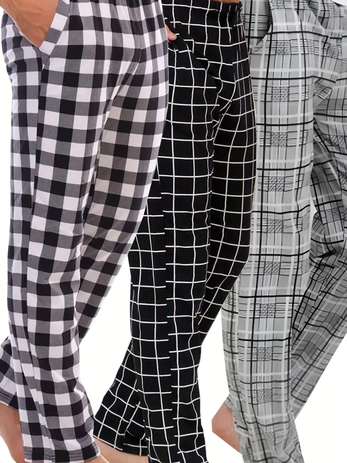 HighPeak Modern Pajama Pants (3-Pack) in black and white plaid patterns with drawstring waist and side pockets for comfort.