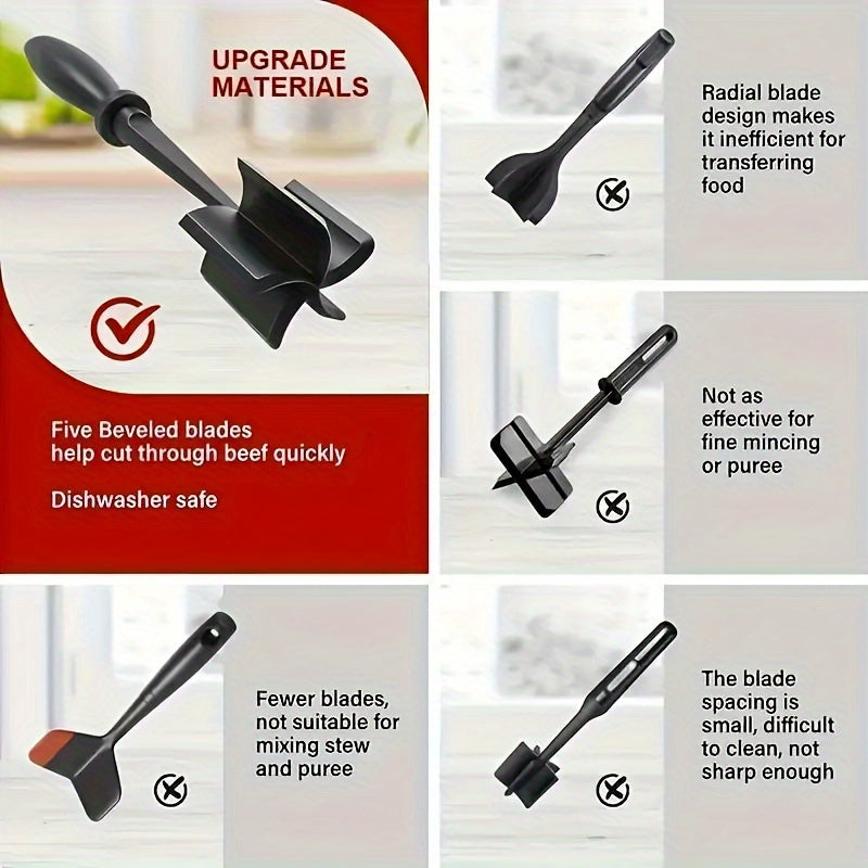 HighPeak GrindGrip™ with five beveled blades in black, designed for quickly chopping ground beef, dishwasher safe and durable.