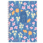 26/27 Weekly Monthly Planner with a blue floral cover, pink spiral binding, and 26/27 agenda label.