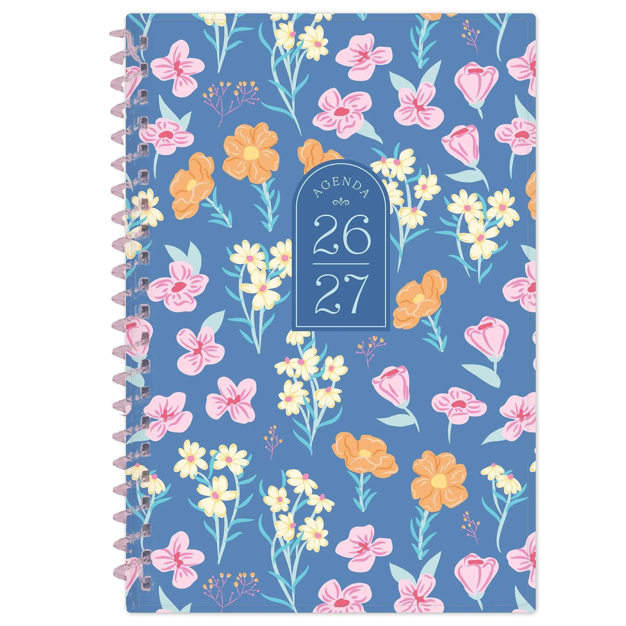 26/27 Weekly Monthly Planner with a blue floral cover, pink spiral binding, and 26/27 agenda label.