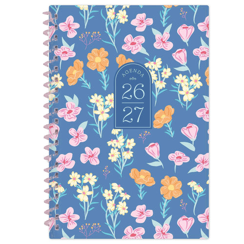 26/27 Weekly Monthly Planner with a blue floral cover, pink spiral binding, and 26/27 agenda label.