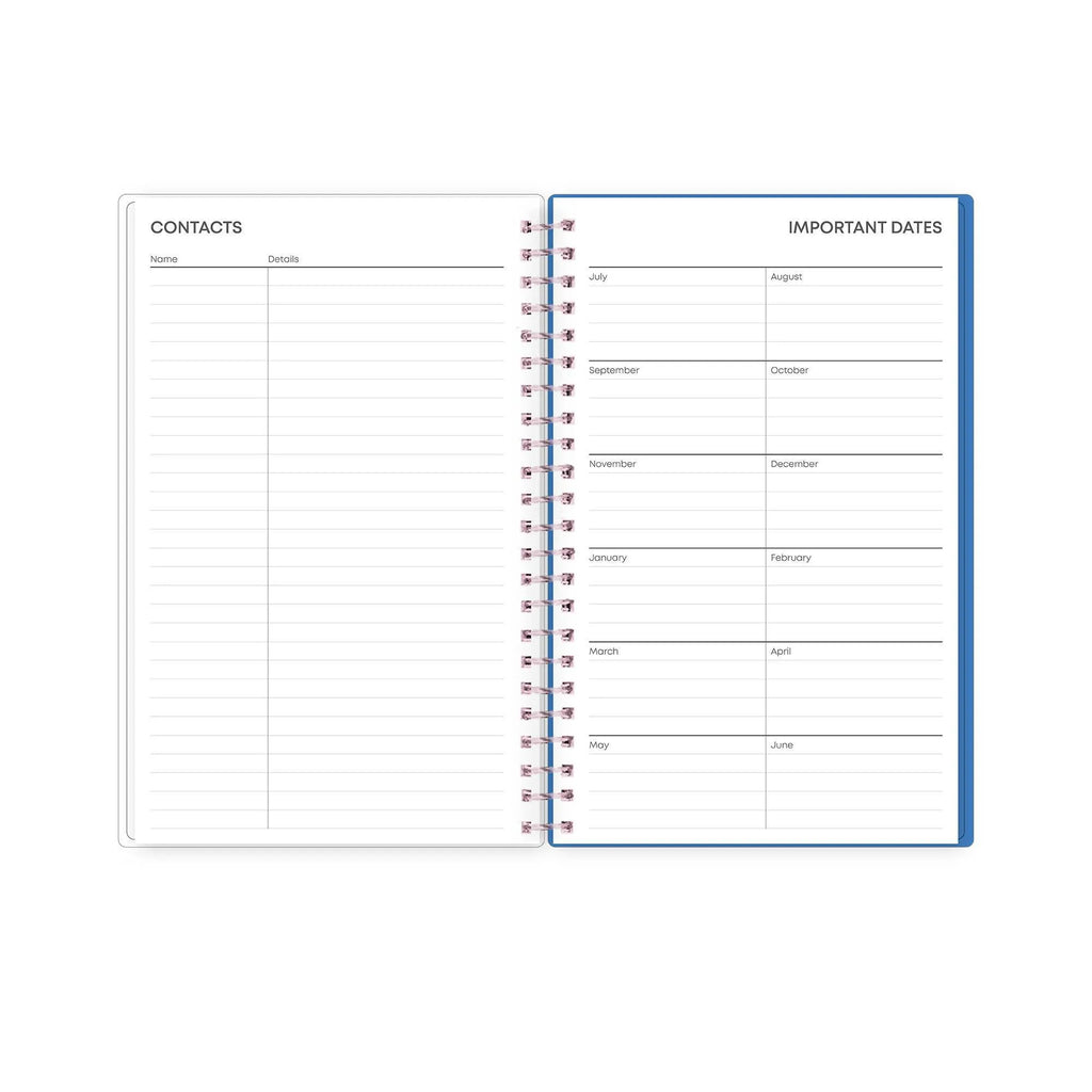 26/27 Weekly Monthly Planner open to contacts and important dates pages with lined spaces for entries.