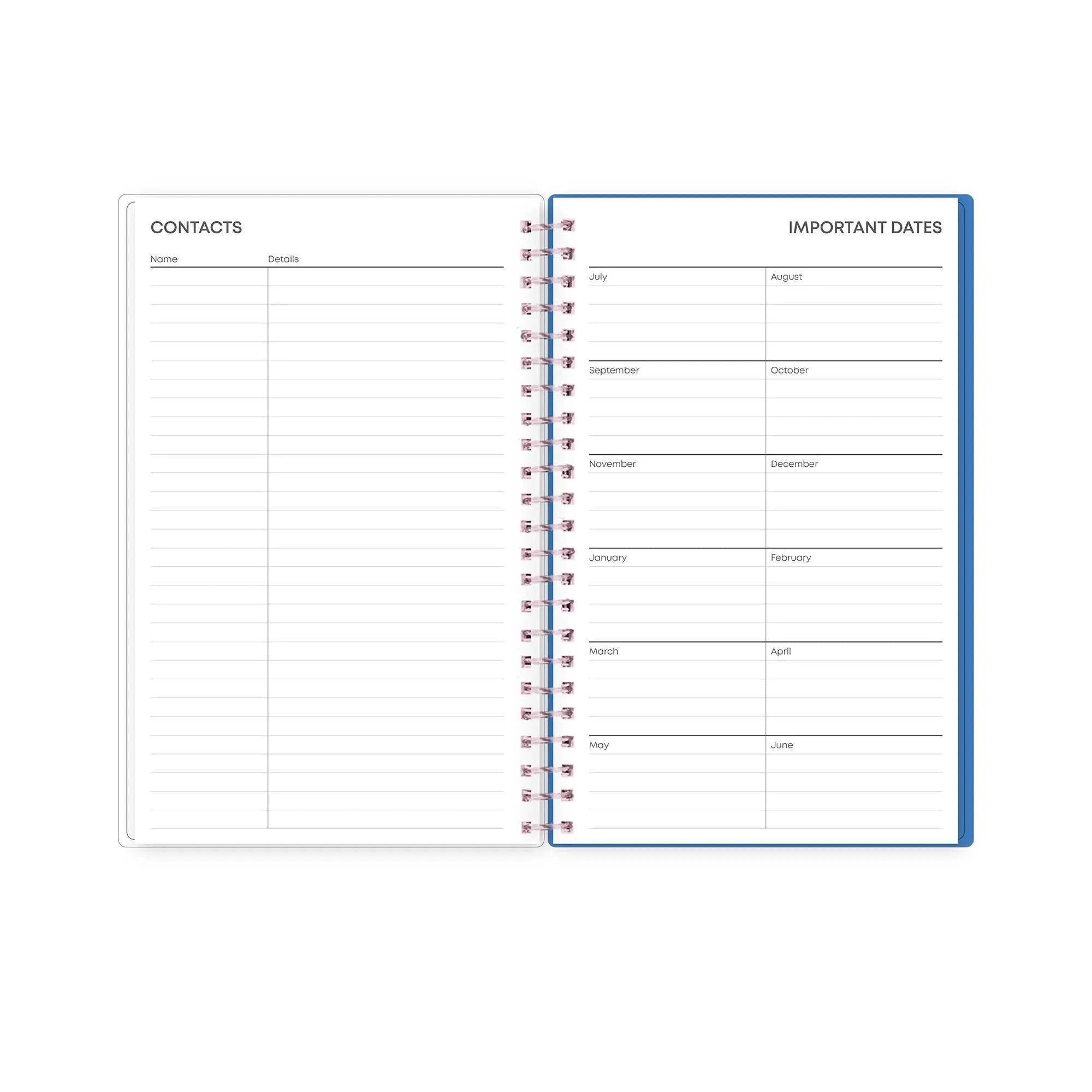 26/27 Weekly Monthly Planner open to contacts and important dates pages with lined spaces for entries.