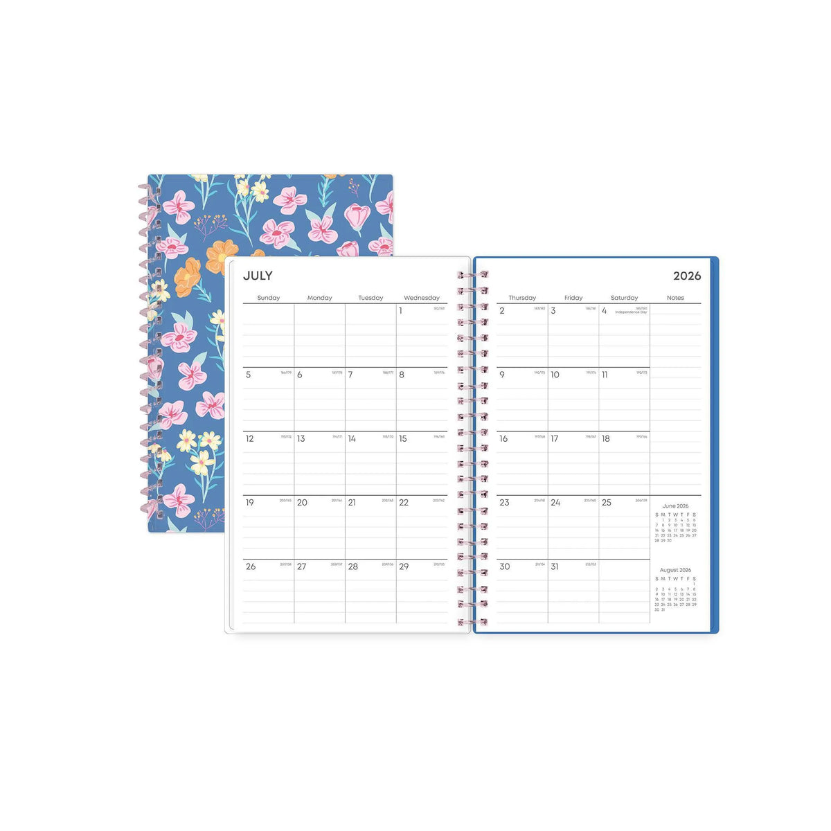 26/27 Weekly Monthly Planner showing the floral cover behind an open July 2026 monthly calendar spread.