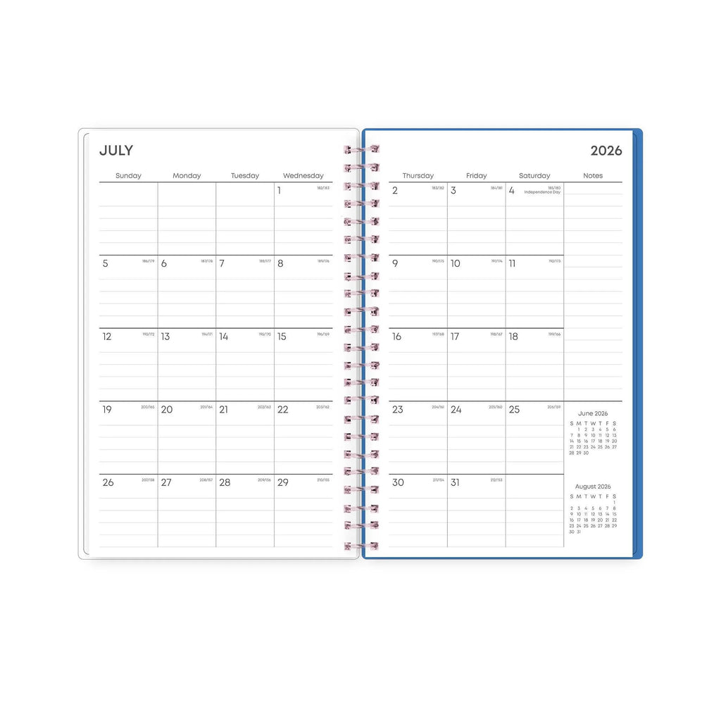 26/27 Weekly Monthly Planner open to the July 2026 monthly grid with a notes column and reference calendars.