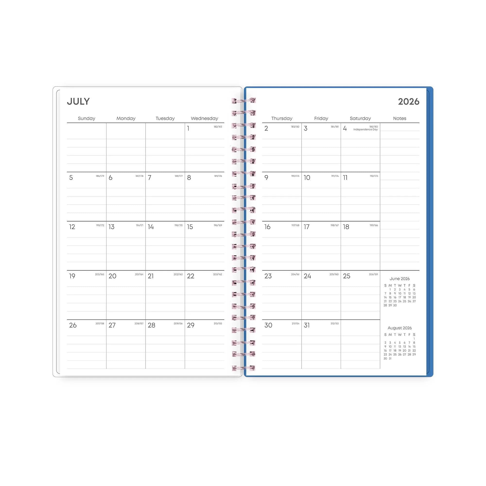 26/27 Weekly Monthly Planner open to the July 2026 monthly grid with a notes column and reference calendars.