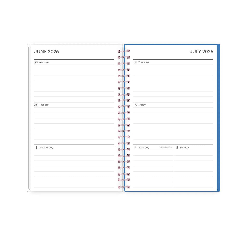 26/27 Weekly Monthly Planner open to lined weekly pages for June 29 through July 5, 2026.