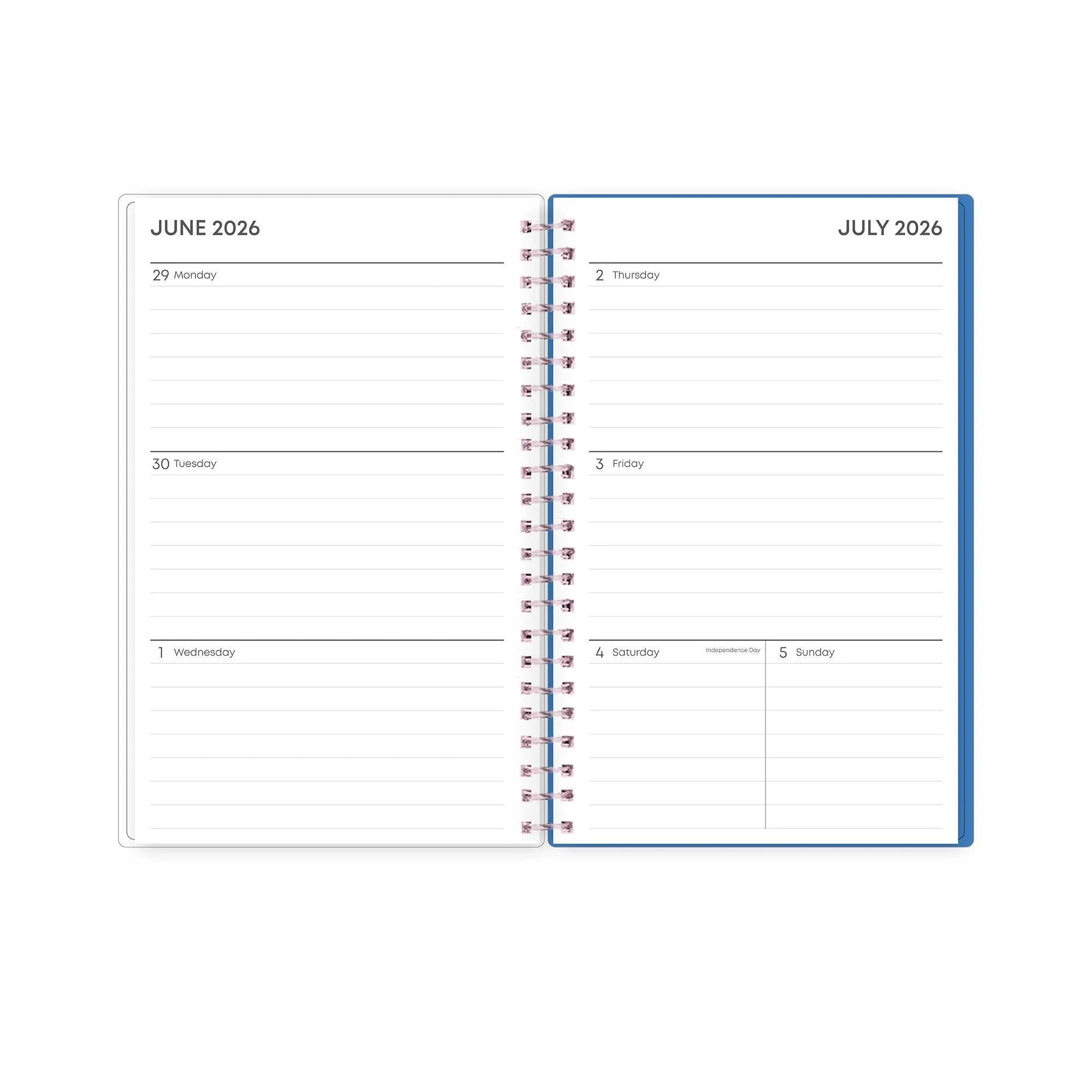 26/27 Weekly Monthly Planner open to lined weekly pages for June 29 through July 5, 2026.