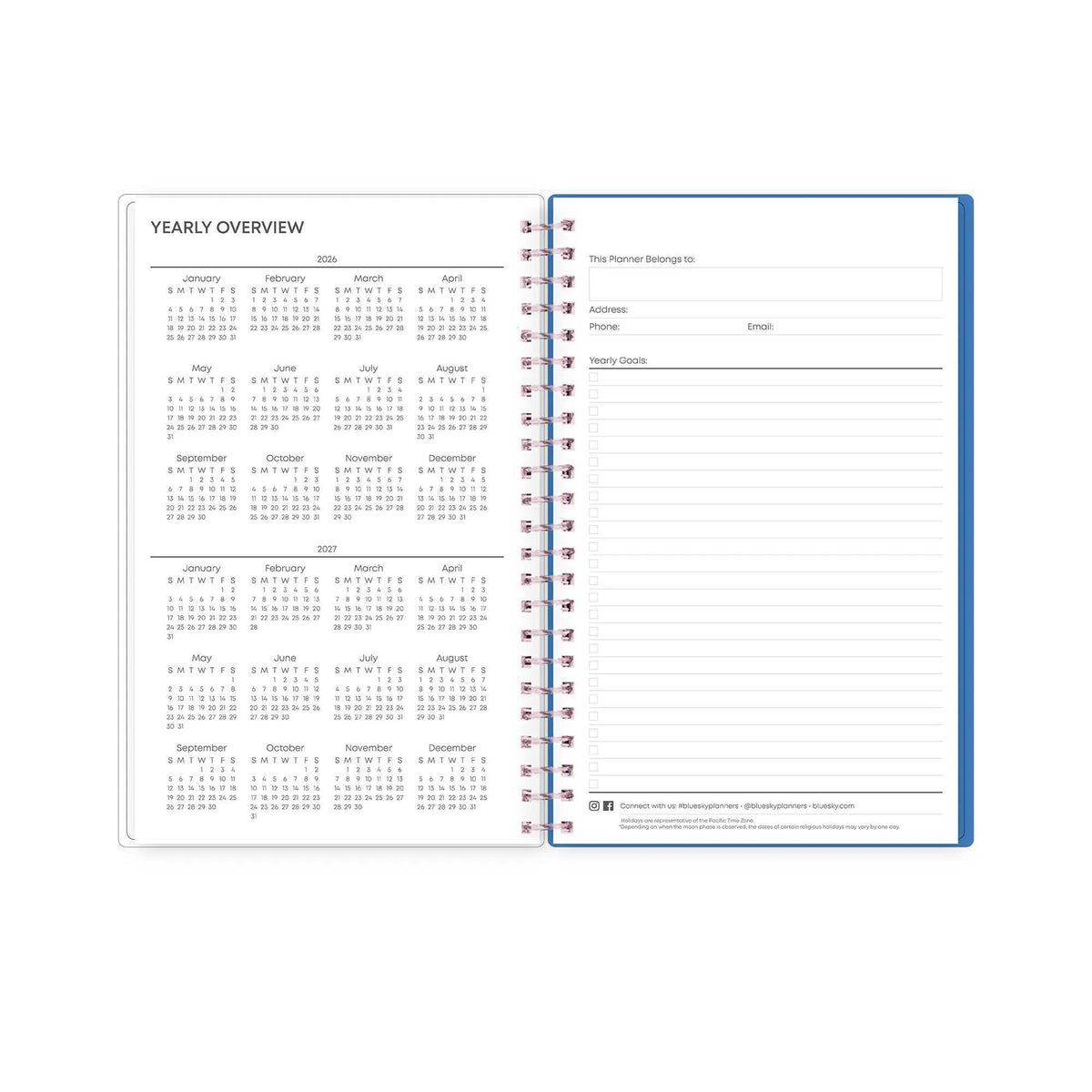 26/27 Weekly Monthly Planner showing 2026 and 2027 yearly calendars beside owner details and a yearly goals checklist.