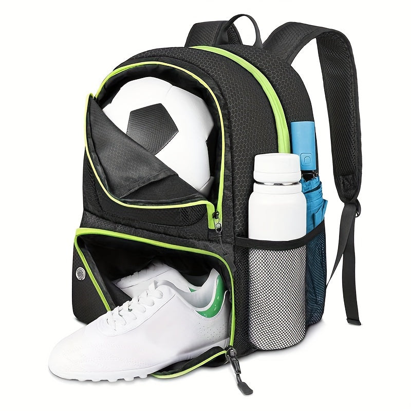 GearGoal™ All Sport Backpack in black with lime trim, featuring ball pocket, shoe compartment, and side bottle slots.