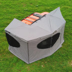 270° Vehicle Awning Tent rear overhead view showing roof panels and large dark window sections.