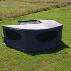 270° Vehicle Awning Tent broad side view with enclosed walls, two windows and a central entrance.