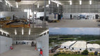Supplier factory collage showing workshop interiors, worktables and an aerial building view.