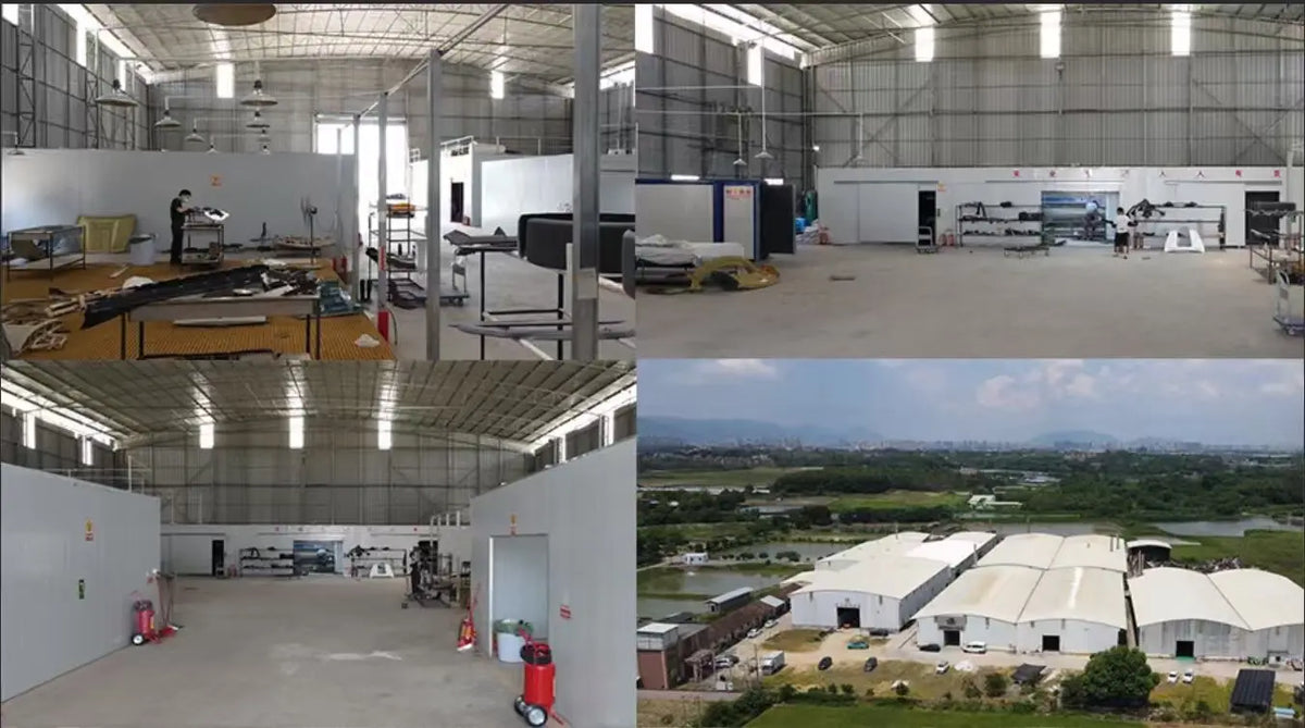 Supplier factory collage showing workshop interiors, worktables and an aerial building view.