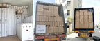 Supplier shipping collage showing stacked cartons in a storage room and loaded trucks.