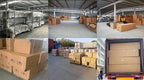 Supplier warehouse collage showing storage racks, packed cartons, pallets and a loaded container.
