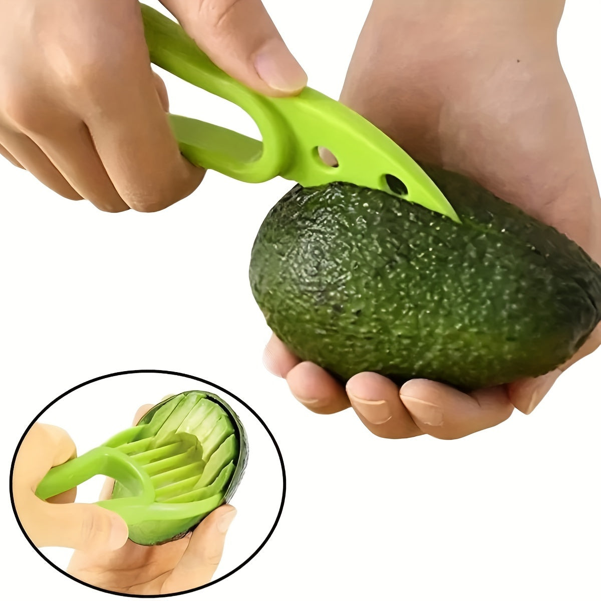 HighPeak Avocado Slicer in green, slicing and pitting fresh avocado easily with safe plastic blade and grip handle.